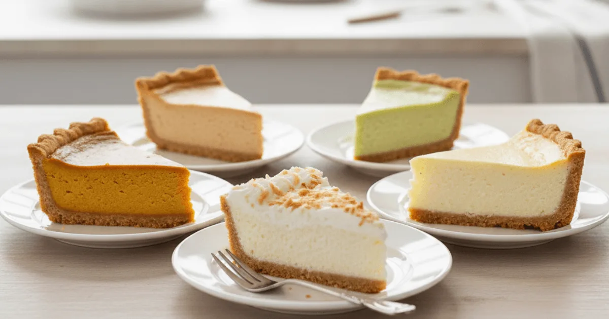 Stunning featured image showcasing five different slices of low-carb, keto-friendly pies. Highlights the variety of baked and no-bake dessert options available on a ketogenic diet.