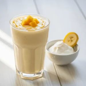 A thick mango smoothie made with Greek yogurt and banana, topped with honey and mango cubes.