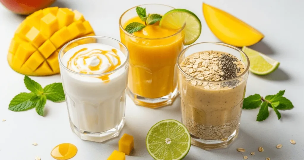Three glasses of mango smoothies — Greek yogurt, vegan lime twist, and high-protein oats — beautifully arranged together, showing their unique colors, textures, and toppings.