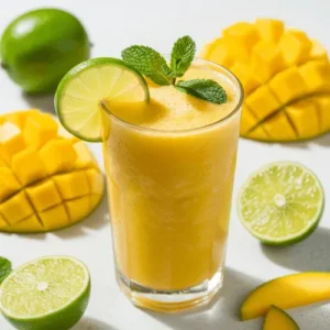 A vibrant vegan mango-lime smoothie with a lime wedge and mint garnish, showing its creamy tropical texture.