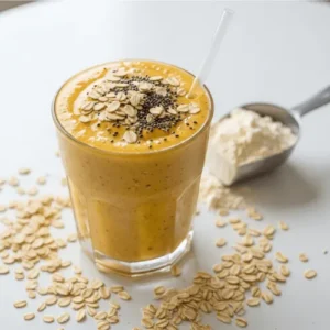 A thick mango protein smoothie topped with oats and chia seeds, served in a glass jar for a wholesome breakfast look.