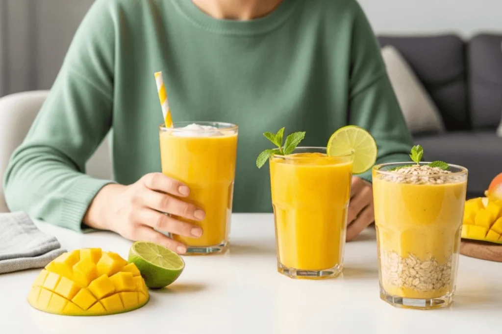 A smiling person enjoying three refreshing mango smoothies recipe — creamy Greek yogurt, vegan lime twist, and high-protein oats — at a bright breakfast table.