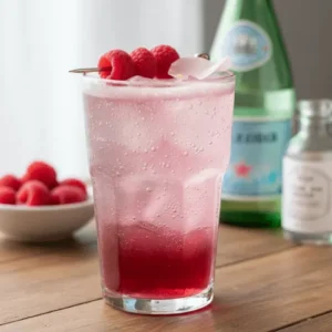 A refreshing Raspberry Rose Prebiotic Soda with ice and rose petals, showing its bubbly and floral appearance. Perfect low-sugar gut-health drink alternative.