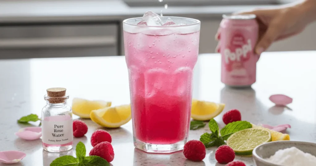 A real-life close-up of a glass of prebiotic soda surrounded by natural ingredients like citrus, berries, and herbs — perfect for an article about healthy gut-friendly drinks.