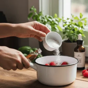 A hand adding liquid sweetener drops to a small white pot containing water, fresh raspberries, and inulin powder on a rustic wooden counter. A bottle of apple cider vinegar sits nearby, illustrating the initial steps of syrup preparation.