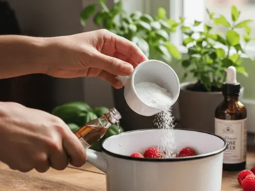 A hand adding liquid sweetener drops to a small white pot containing water, fresh raspberries, and inulin powder on a rustic wooden counter. A bottle of apple cider vinegar sits nearby, illustrating the initial steps of syrup preparation.