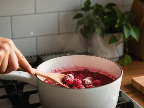 A hand stirring a bubbling red raspberry mixture in a white saucepan on a gas stove burner. Steam rises from the pot as the raspberries soften, indicating the cooking process for the soda syrup.