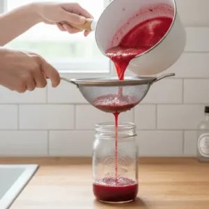 Two hands holding a fine-mesh strainer over a glass jar, through which hot, vibrant red raspberry syrup is being poured from a white saucepan. This step removes the seeds, resulting in a smooth syrup for the prebiotic soda.