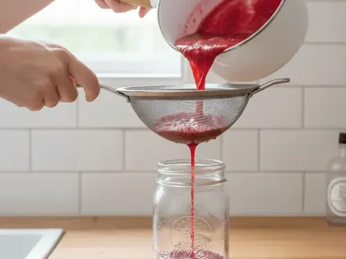Two hands holding a fine-mesh strainer over a glass jar, through which hot, vibrant red raspberry syrup is being poured from a white saucepan. This step removes the seeds, resulting in a smooth syrup for the prebiotic soda.