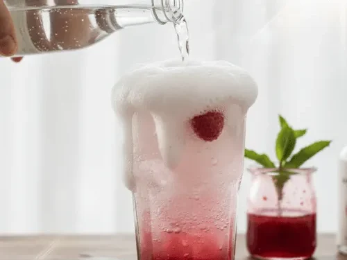 A hand pouring sparkling water from a glass bottle into a tall glass filled with ice and vibrant red raspberry syrup, creating a fizzy, refreshing soda. The drink is garnished with a raspberry and mint, on a sunlit kitchen counter.