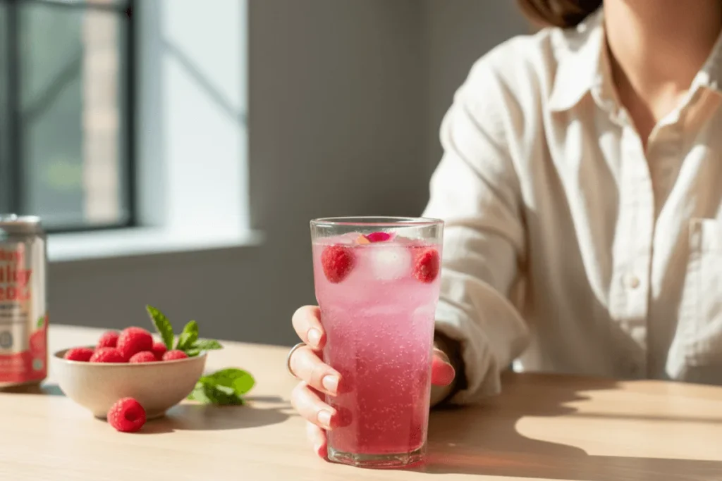 A person holding a chilled glass of raspberry rose prebiotic soda, highlighting the refreshing and healthy side of modern soda alternatives.