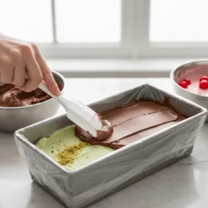 Hands using a white spatula to spread a layer of chocolate ice cream over a partially frozen pistachio layer in a plastic-wrap-lined loaf pan.