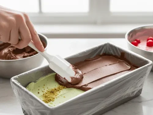 Hands using a white spatula to spread a layer of chocolate ice cream over a partially frozen pistachio layer in a plastic-wrap-lined loaf pan.