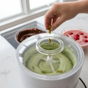 A hand dropping pistachios into a white ice cream maker, actively churning green pistachio ice cream. In the background, bowls of chocolate and cherry ice cream base await their turn.