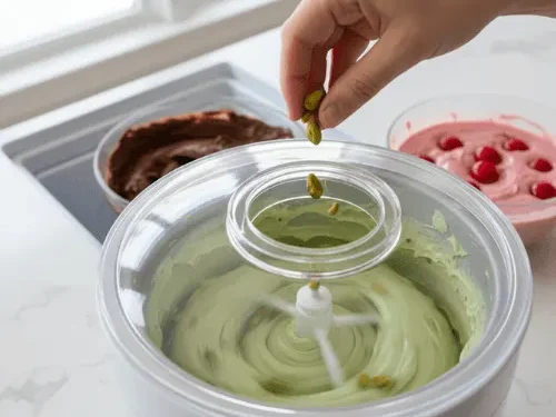 A hand dropping pistachios into a white ice cream maker, actively churning green pistachio ice cream. In the background, bowls of chocolate and cherry ice cream base await their turn.
