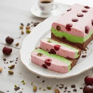 A hand lifting a slice of layered spumoni ice cream (pink cherry, green pistachio, chocolate) from a loaf on a white platter, with chocolate syrup drizzling over the top. Two slices are already on the platter. An espresso cup and cherries are in the background.