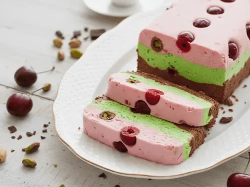 A hand lifting a slice of layered spumoni ice cream (pink cherry, green pistachio, chocolate) from a loaf on a white platter, with chocolate syrup drizzling over the top. Two slices are already on the platter. An espresso cup and cherries are in the background.