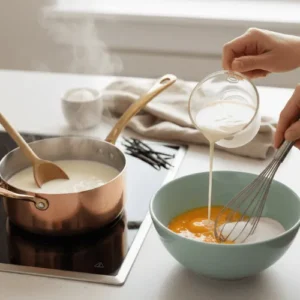 Hands pouring steaming milk and cream mixture from a glass measuring cup into a teal bowl containing egg yolks and sugar, while whisking. A saucepan with milk is on a stovetop in the background.