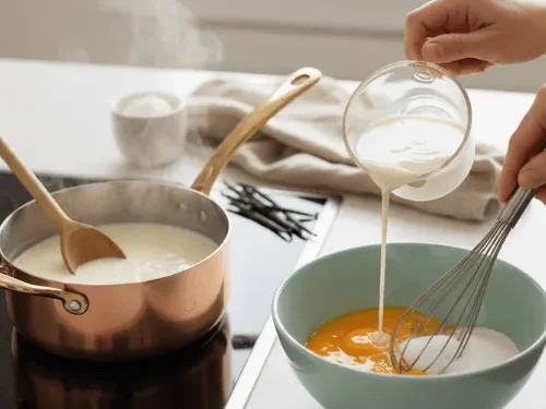 Hands pouring steaming milk and cream mixture from a glass measuring cup into a teal bowl containing egg yolks and sugar, while whisking. A saucepan with milk is on a stovetop in the background.
