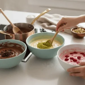 Three bowls of ice cream base on a kitchen counter: one chocolate with chocolate shavings, one plain base with green pistachios being stirred in, and one pink cherry base with whole cherries. Hands are stirring the pistachio mixture.