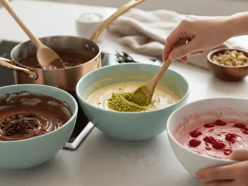 Three bowls of ice cream base on a kitchen counter: one chocolate with chocolate shavings, one plain base with green pistachios being stirred in, and one pink cherry base with whole cherries. Hands are stirring the pistachio mixture.