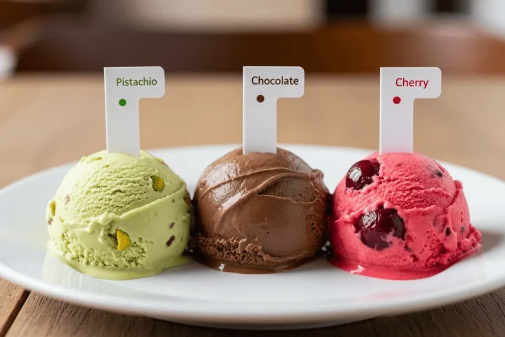 Three scoops of pistachio, chocolate, and cherry ice cream showing the classic flavors of spumoni with distinct textures and colors.