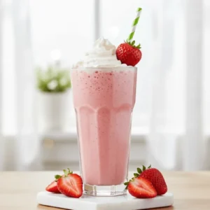A vibrant pink strawberry milkshake in a tall glass, topped with whipped cream and a fresh strawberry, ready to be enjoyed. It represents a delightful, classic dessert.