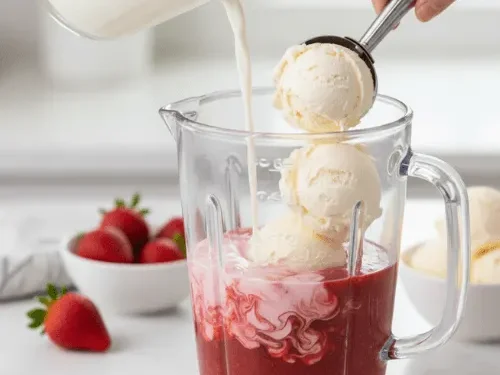 Milk and scoops of vanilla ice cream are being added to the blender containing the strawberry purée, showing the ingredients coming together. This illustrates the core blending step.