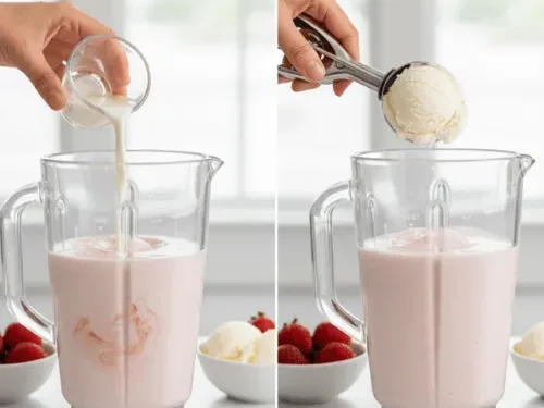 A two-panel image shows milk being poured into strawberry purée, followed by scoops of vanilla ice cream being added to the mixture in a blender. This illustrates how to combine the liquid and frozen components.