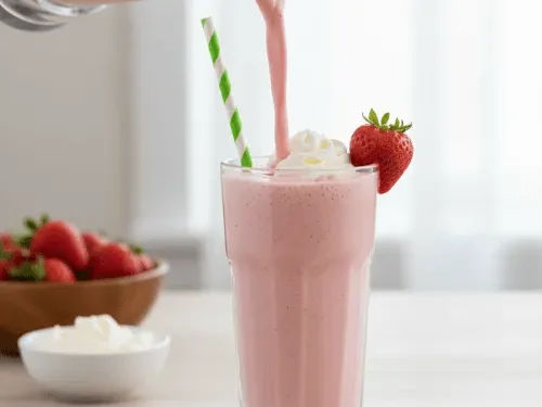 A thick, pink strawberry milkshake is being poured into a tall, chilled glass, which is already garnished with whipped cream and a fresh strawberry. This illustrates the final, beautiful presentation of the dessert.