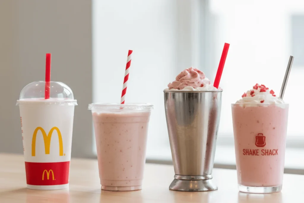 A side-by-side comparison of four different strawberry milkshakes in unique cups, illustrating the variation in color and thickness between fast-food and specialty shakes.