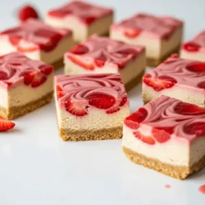 No-bake vegan strawberry swirl cheesecake bars with a nut and date crust, topped with creamy cashew filling and strawberry swirls.