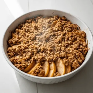 A freshly baked vegan gluten-free apple crisp with golden oat topping, served in a white dish on a white background.
