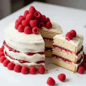 A vegan vanilla layer cake filled with homemade raspberry jam and frosted with creamy vegan buttercream, topped with fresh raspberries.