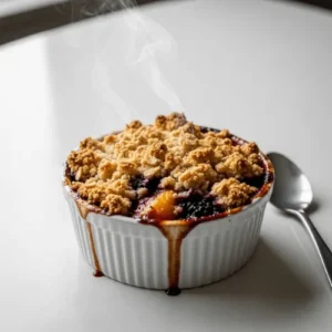 A single-serving vegan fruit crumble baked in a ramekin, topped with golden oat crumble over bubbling seasonal fruit.