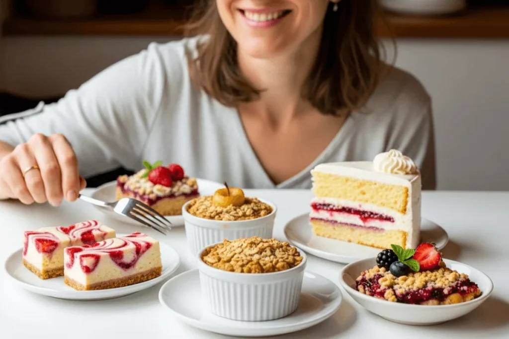 A woman enjoying a selection of four vegan fruit-based desserts—strawberry swirl cheesecake bars, apple crisp, vanilla cake with raspberry jam, and fruit crumble—served together on a white table.