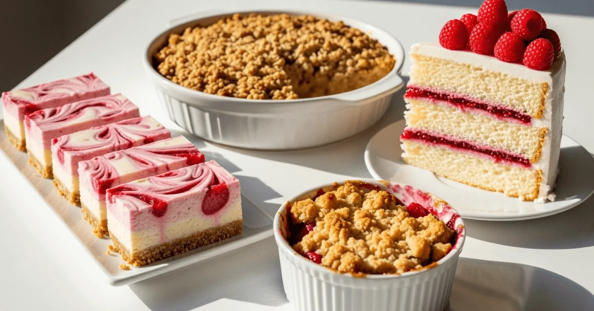 A selection of four vegan desserts—strawberry swirl cheesecake bars, apple crisp, vanilla cake with raspberry jam, and fruit crumble—presented together on a clean white table.