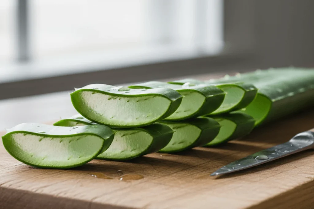 A close-up of sliced aloe vera leaves showing the inner gel, outer rind, and yellow latex layer.