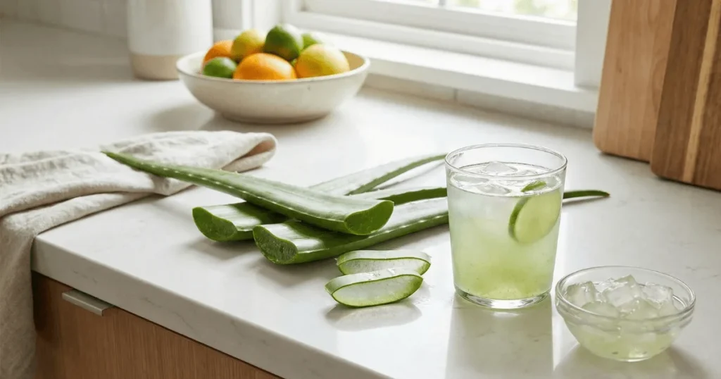 A glass of aloe vera juice with fresh aloe gel cubes and sliced aloe leaves arranged beside it.