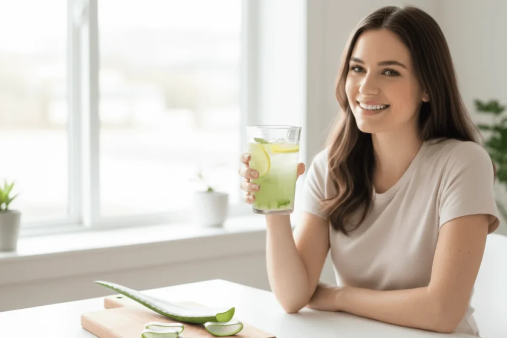 A woman smiling while drinking a glass of fresh aloe vera juice, captured in a bright and natural setting. Ideal for illustrating wellness, hydration, and healthy daily habits.