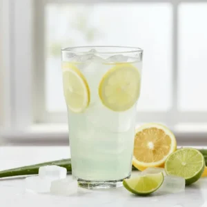 A chilled citrus aloe vera drink with lemon slices and aloe cubes on the side.