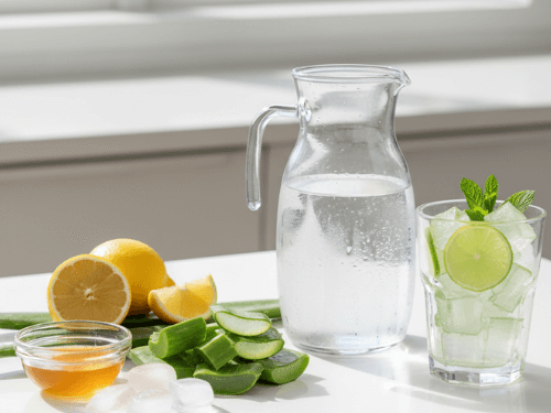 Fresh aloe vera gel cubes, frozen berries, leafy greens, ginger, and coconut water arranged together as the key ingredients for a healthy aloe vera smoothie.