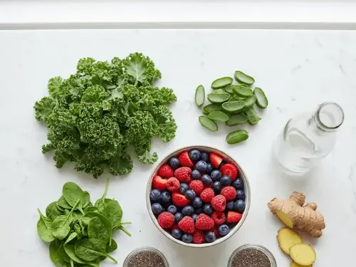 Fresh ingredients for a functional aloe vera smoothie arranged on a kitchen counter, including clear aloe vera gel cubes, frozen berries, fresh spinach, ginger root, and coconut water.