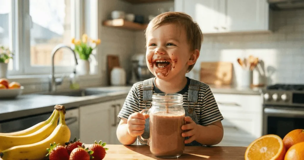 A happy child smiling while holding a delicious, nutrient-dense smoothie made with Boost Protein Drink in a bright, modern kitchen.