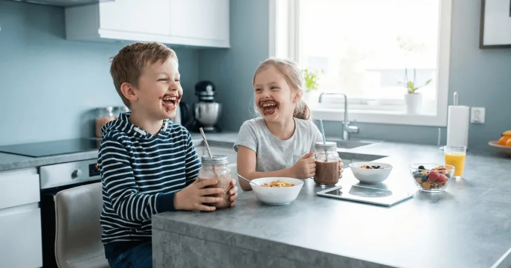 Two children happily drinking high-protein smoothies at a kitchen counter during a busy school morning.