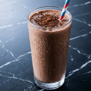 A frosty glass of chocolate peanut butter protein shake garnished with cocoa powder and a colorful straw, looking like a dessert.