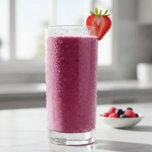 A bright pink berry and yogurt protein smoothie served in a clear glass with a fresh strawberry garnish.