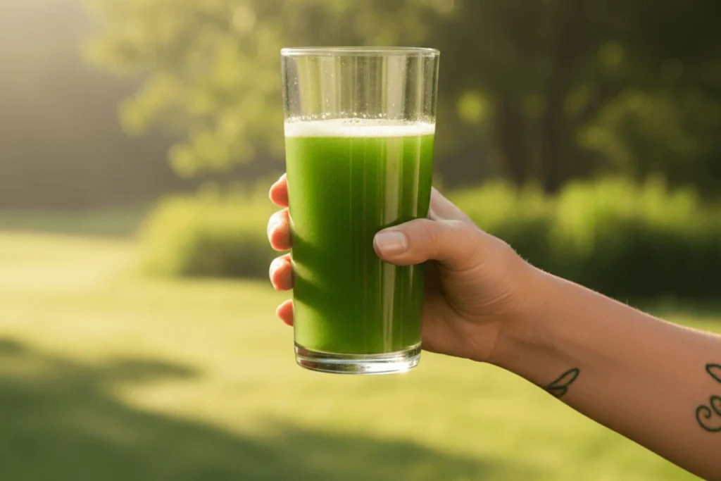 A person holding a glass of celery juice outside, symbolizing the refreshing and health-focused lifestyle associated with drinking celery juice.