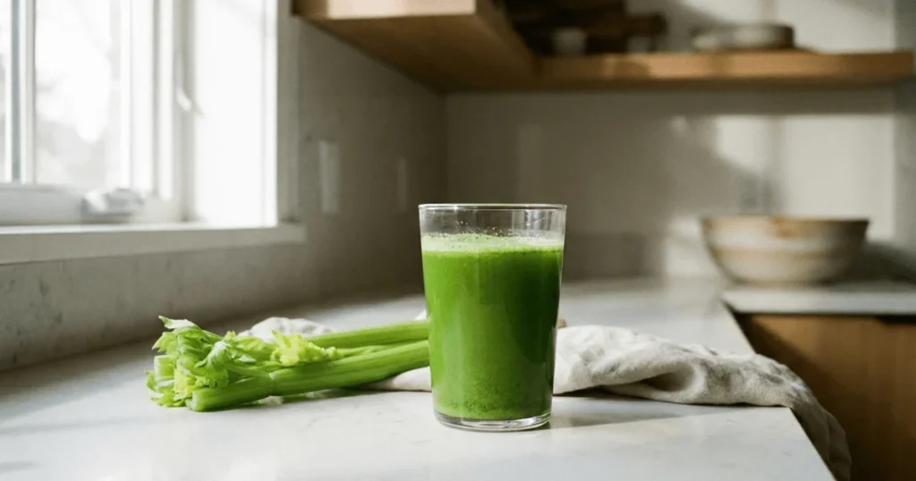 A glass of freshly made celery juice sitting on a modern kitchen counter, showcasing the bright green color and freshness of the drink.