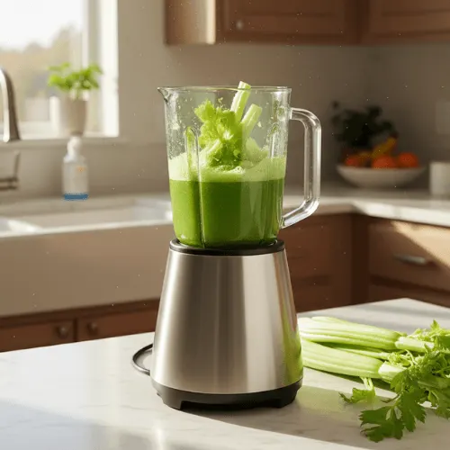 Fresh celery stalks being blended into juice in a home kitchen, representing the preparation process behind celery juice.